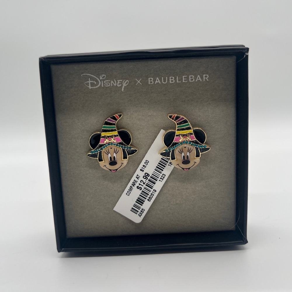 Disney x BaubleBar Minnie Mouse Witch Halloween Stud Earrings Gold Tone New